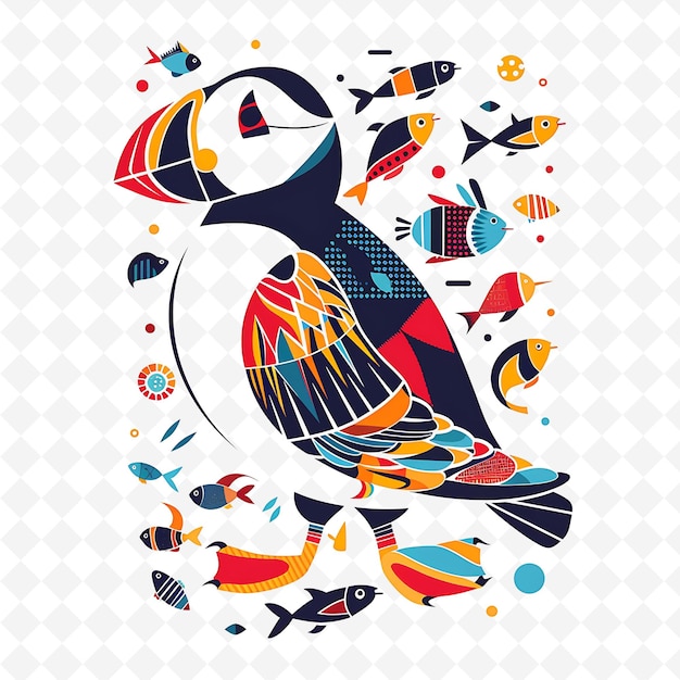 Png Jolly Puffin With Fish Shapes Sprinkled Throughout Vibrant a Flat Illustration Cute Character