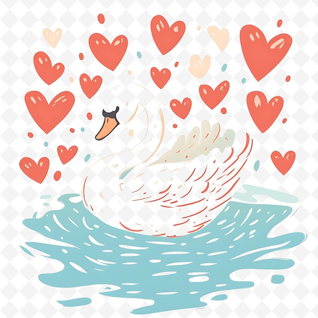 PSD png joyful swan with heart shapes scattered like a lake romantic flat illustration cute character