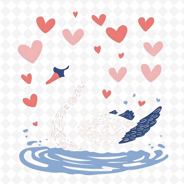 PSD png joyful swan with heart shapes scattered like a lake romantic flat illustration cute character