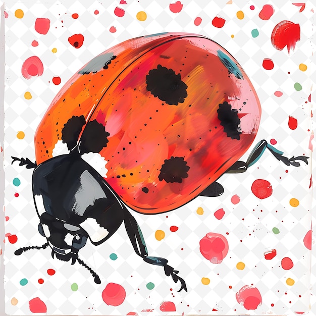 PSD png joyous ladybug with polka dot shapes scattered across the ba flat illustration cute character