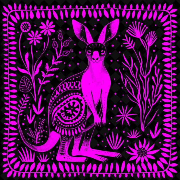 PSD png kangaroo folk art with australian wildflowers and aboriginal illustration outline frame decor