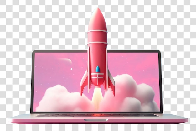 PSD png laptop with a 3d cute rocket launching screen illustration transformation