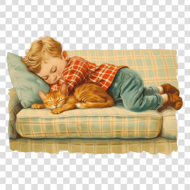 PSD png little boy sleeping on the couch furniture blanket mammal