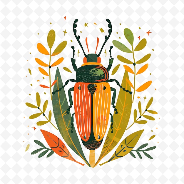 PSD png lively beetle with leaf shapes arranged like a forest earthy flat illustration cute character