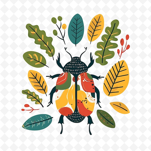 Png Lively Beetle With Leaf Shapes Arranged Like a Forest Earthy Flat Illustration Cute Character