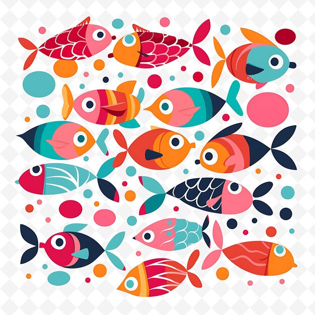 PSD png lively fish with bubble shapes arranged like an underwater w flat illustration cute character