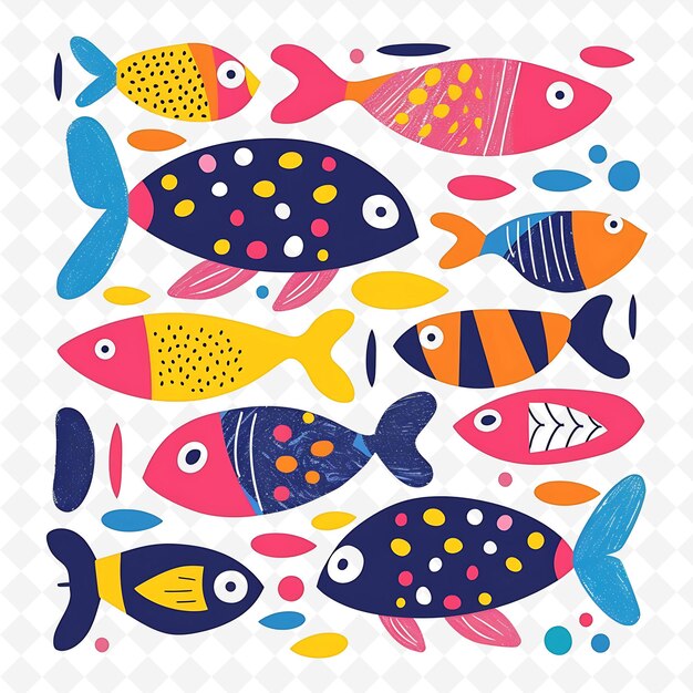 PSD png lively fish with bubble shapes arranged like an underwater w flat illustration cute character