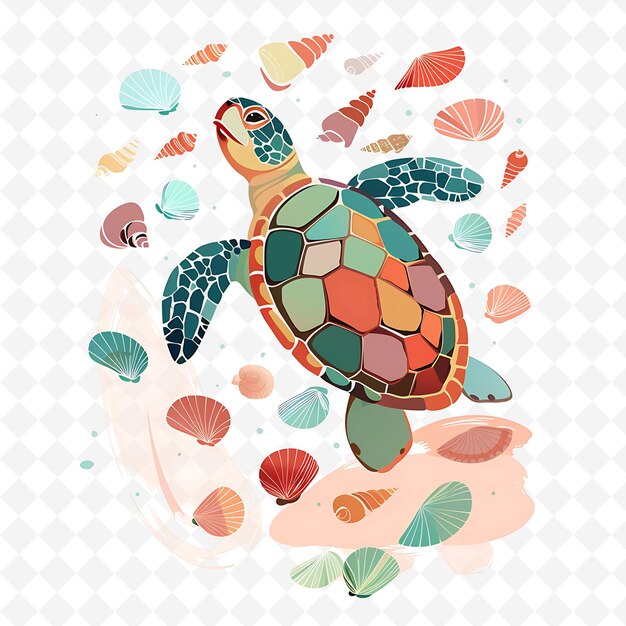 PSD png lively turtle with seashell shapes sparsely distributed in b flat illustration cute character