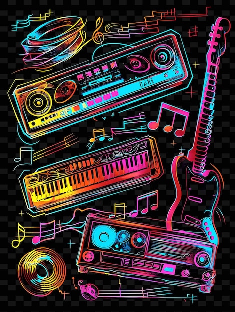 Png Musical Tape Decal With Neon Lit Instruments and Soundwaves Creative Neon Y2K Shape Decorative