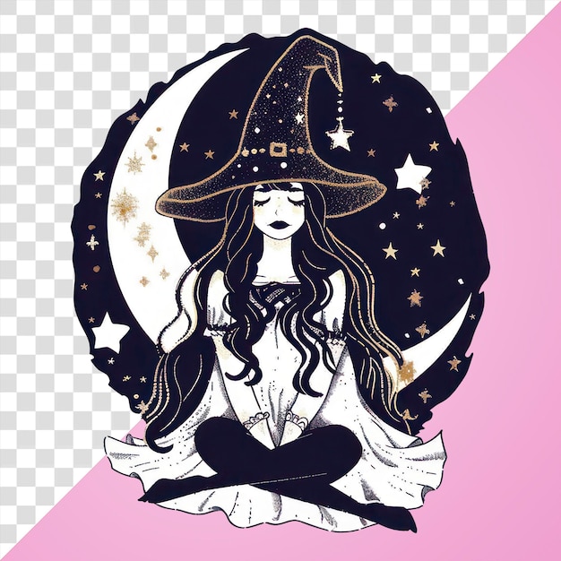 PSD png mystical witch meditating under moon