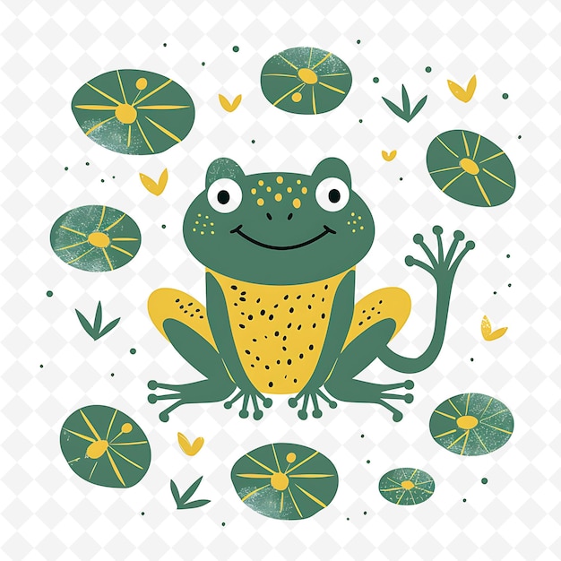 PSD png nimble frog with lily pad shapes scattered around bright and flat illustration cute character