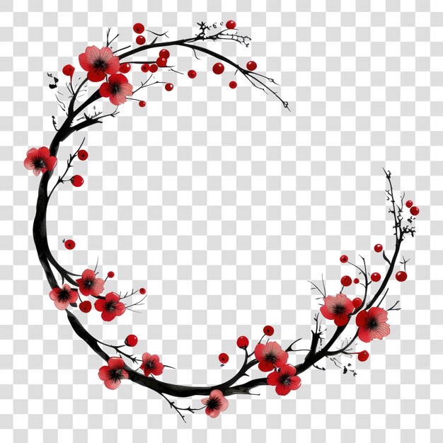 PSD png outline red plum flowers frame circle plant white background