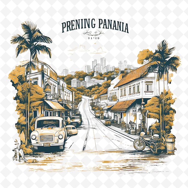 Png Penang City With Monochrome Ochre Color Penang Hill and Stre handdrawn watercolor Landscapes