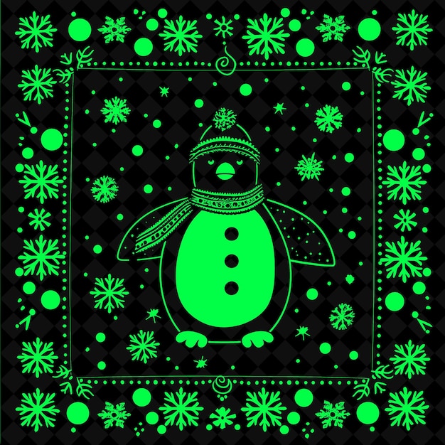 Png Penguin Folk Art With Snowflakes and Ice Crystals for Decora Illustration Outline Frame Decor