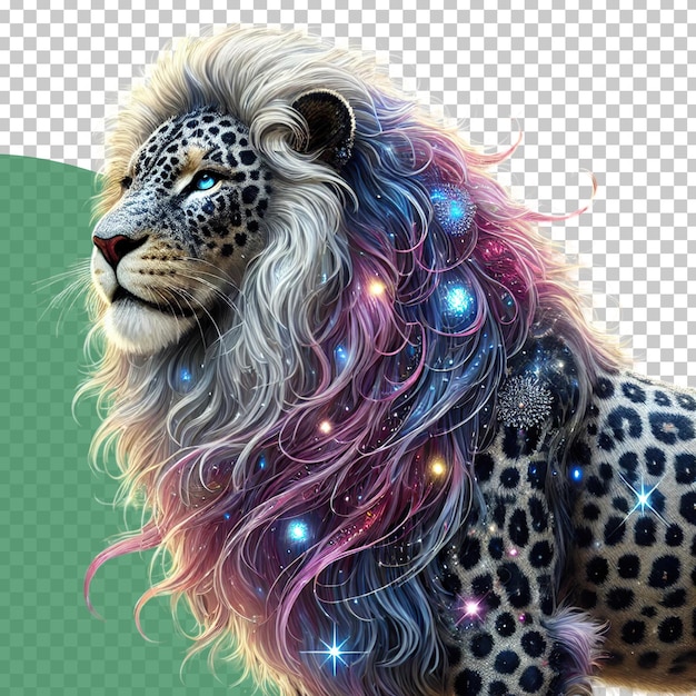 Png photo of a Majestic Lion With Celestial Mane and galaxy Spots and stars on its body