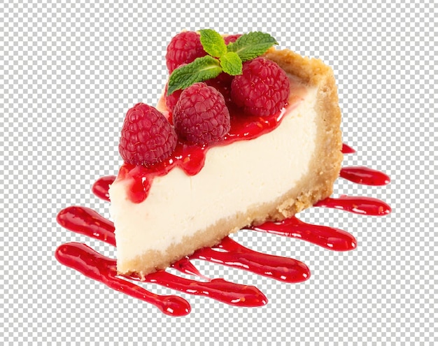 PNG Piece of cheesecake with raspberries and mint isolated