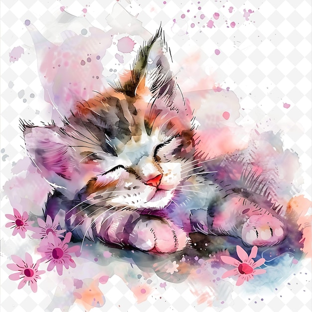 PSD png playful kitten with flower patterns sprinkled across the bac flat illustration cute character