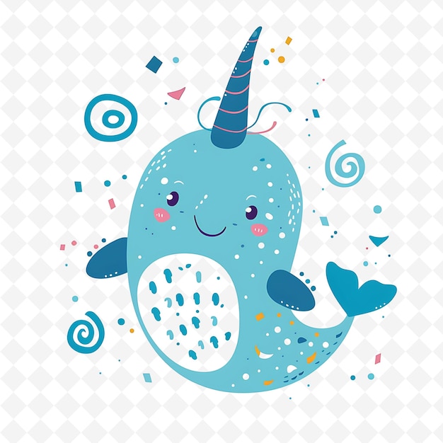 PSD png playful narwhal with spiral horn shapes randomly placed cool flat illustration cute character