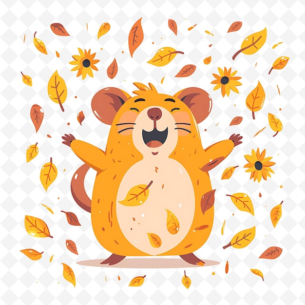 PSD png pleased hamster with sunflower seed shapes scattered like a flat illustration cute character