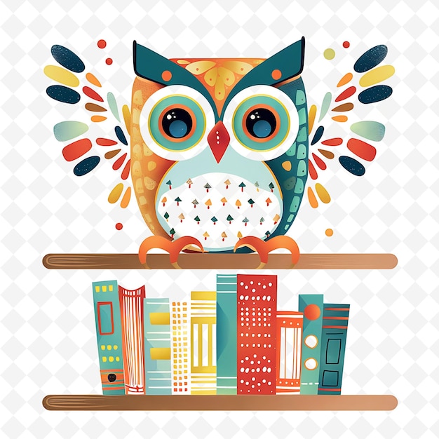 Png Pleased Owl With Book Shapes Arranged Like a Bookshelf Wise Flat Illustration Cute Character