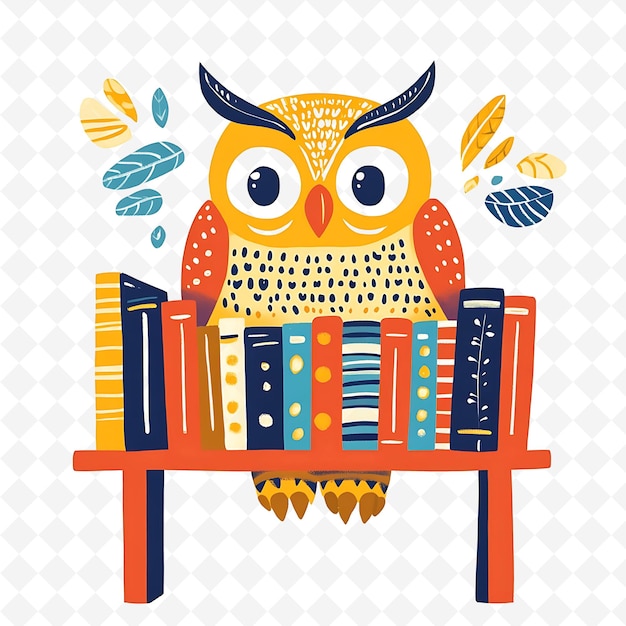 Png Pleased Owl With Book Shapes Arranged Like a Bookshelf Wise Flat Illustration Cute Character