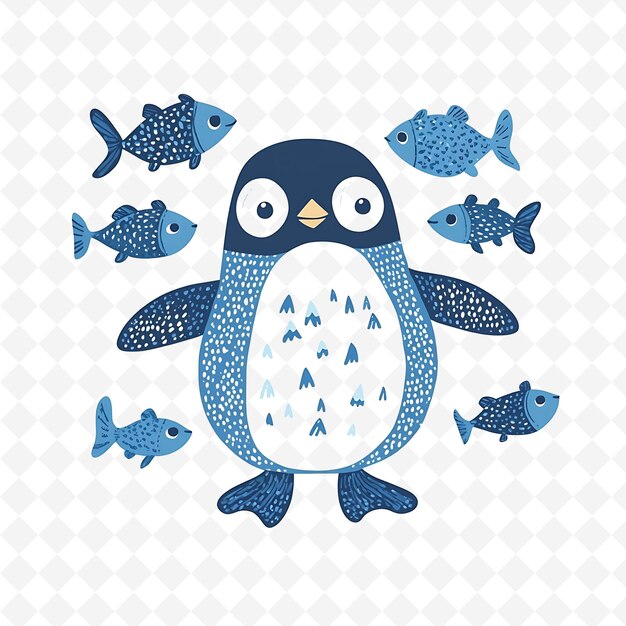 PSD png pleased penguin with fish shapes scattered like a school coo flat illustration cute character