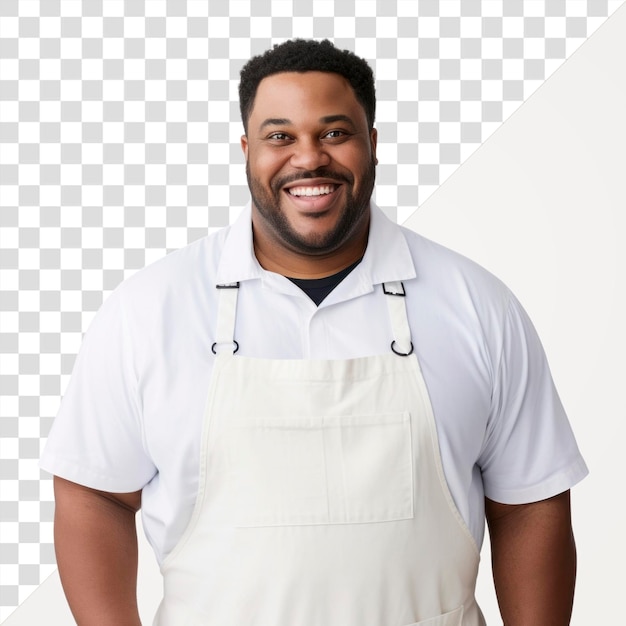 PSD png a plus size multiracial man wearing white linen shirt with a black apron smiling adult white background