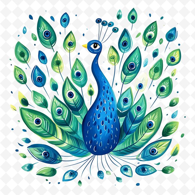 Png Radiant Peacock With Feather Shapes Scattered Around Majesti Flat Illustration Cute Character