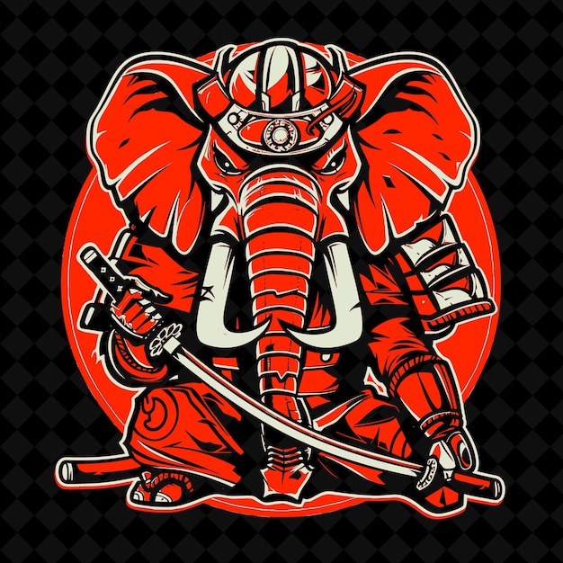 PSD png rampaging elephant with a samurai armor and katana designed outline vector of animal mascot