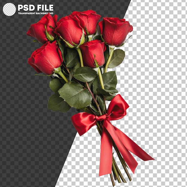 PSD png red rose bouquet with ribbon on white