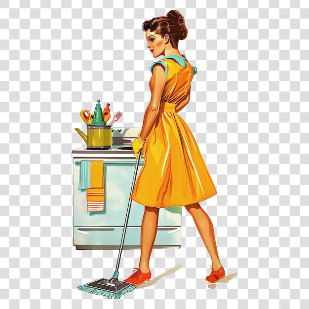 PSD png retro woman cleaning kitchen illustration