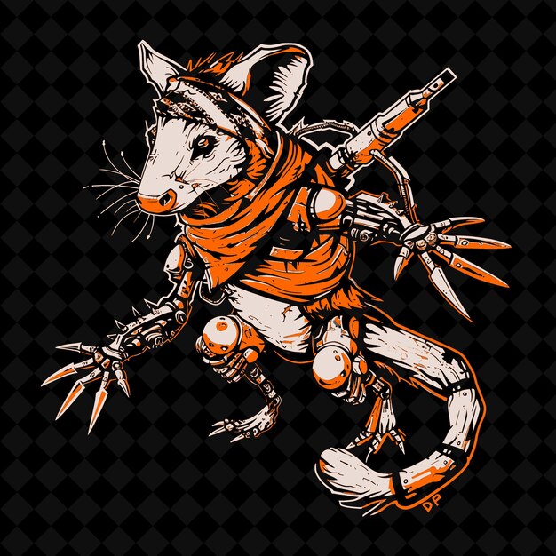 PSD png robotic opossum with metal claws and a powerful tail wearing outline vector of animal mascot