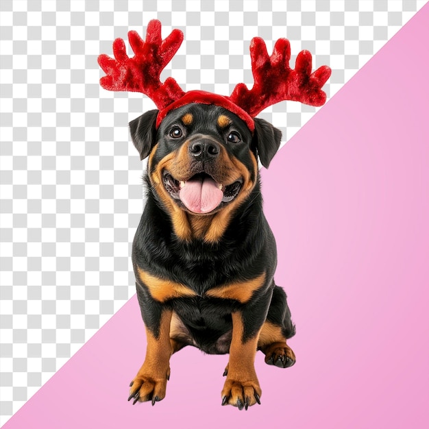 PSD png rottweiler dog dog wearing a red deer antlers headband on head christmas costume cute