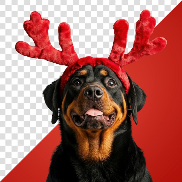 PSD png rottweiler dog dog wearing a red deer antlers headband on head christmas costume photo