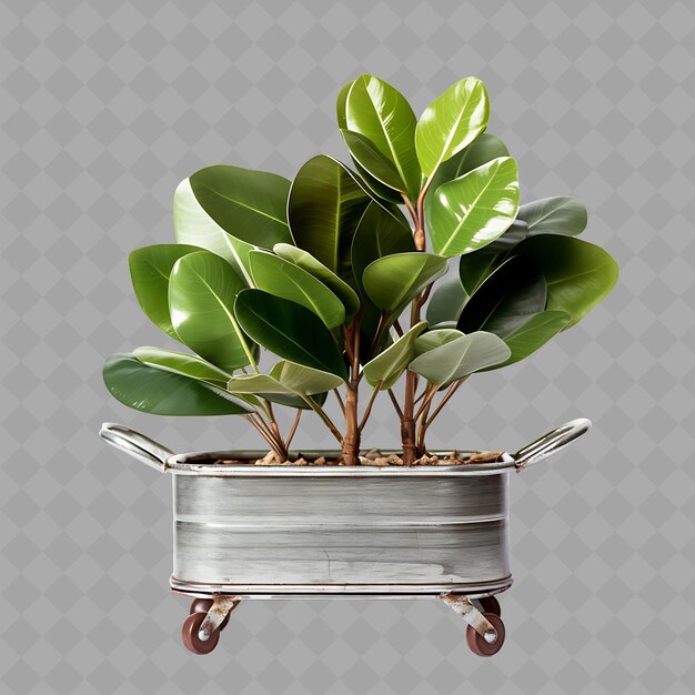 Png a Rubber Plant in a Galvanized Metal Pot on a Wooden Trolley Interior Tree on Clean Background