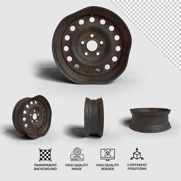 PSD png rusted wheel rim with transparent shadown and 5 different possitions 3d rusted wheel model