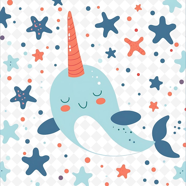 PSD png smiling narwhal with starfish shapes scattered across the ba flat illustration cute character