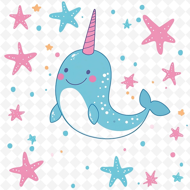 PSD png smiling narwhal with starfish shapes scattered across the ba flat illustration cute character