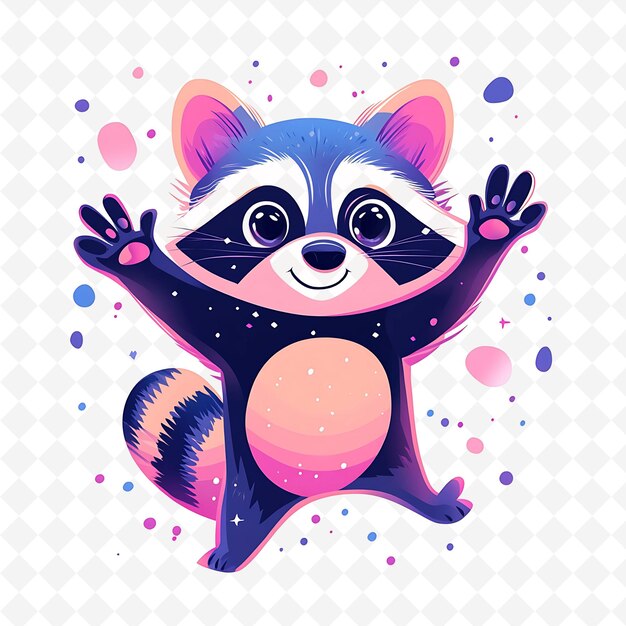 PSD png smiling raccoon with paw print shapes sprinkled randomly end flat illustration cute character