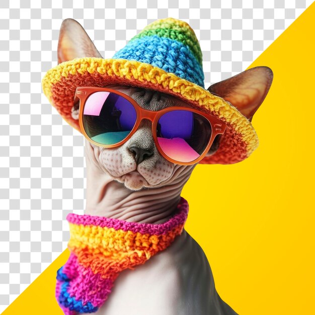 PSD png stylish cat wearing colorful accessories