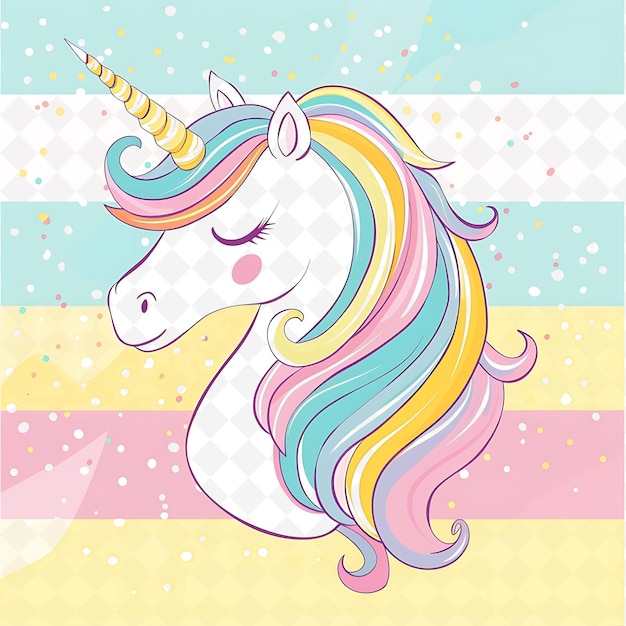 PSD png sweet unicorn with rainbow stripes sprinkled in the backgrou flat illustration cute character