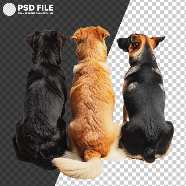 PSD png three dogs sitting together facing away indoors