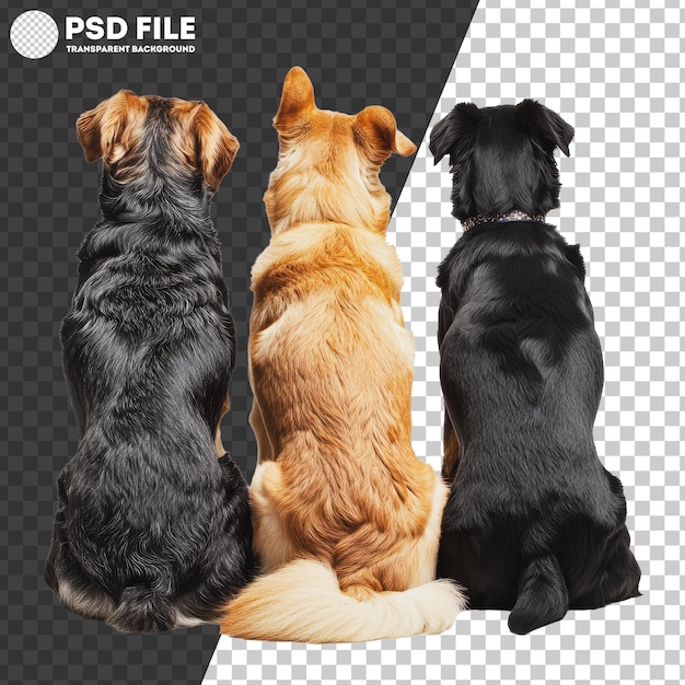 PSD png three dogs sitting together facing away outdoors