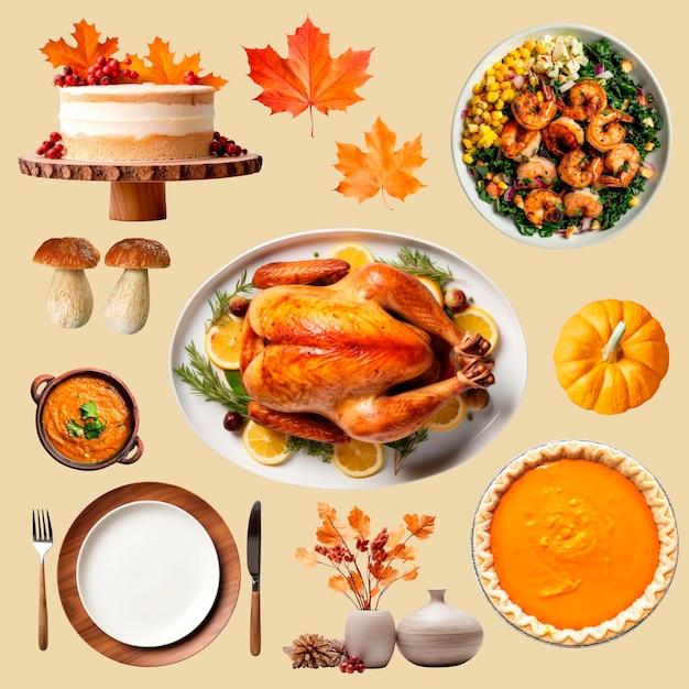 PSD png traditional thanksgiving food set transparent background