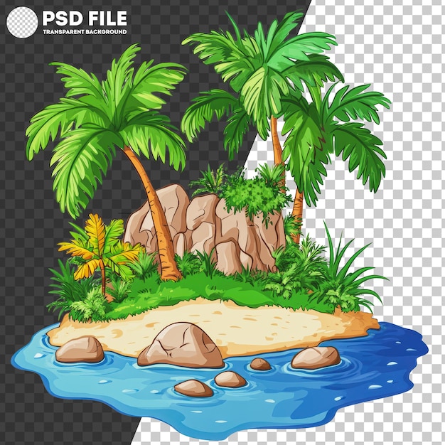 PSD png tropical island with palm trees and rocks