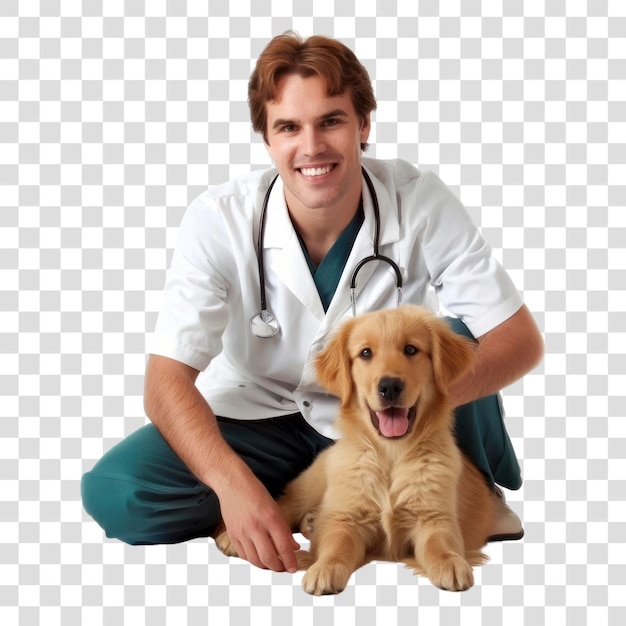 PSD png veterinarian with happy golden retriever