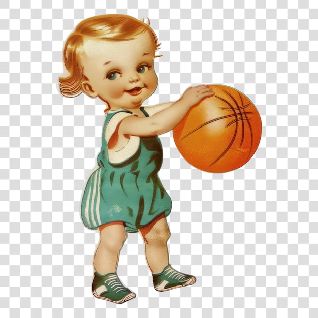 PSD png vintage baby playing basketball illustration