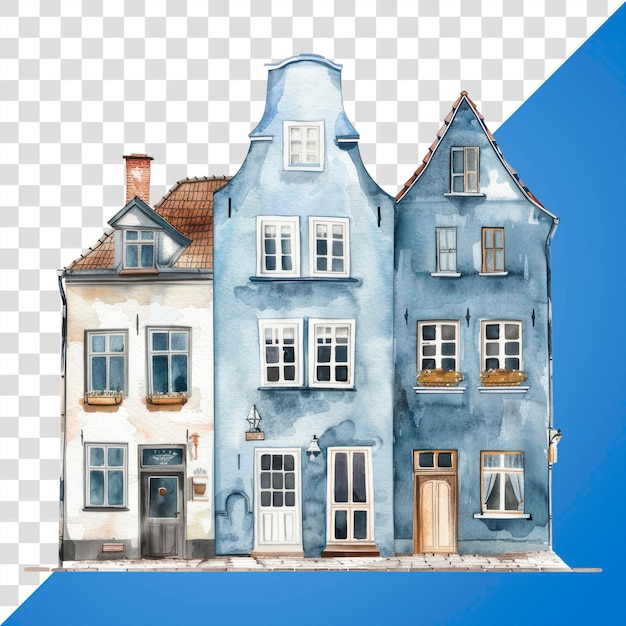 PSD png vintage blue town house architecture houses illustration