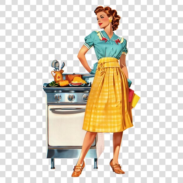 PSD png vintage housewife cooking illustration