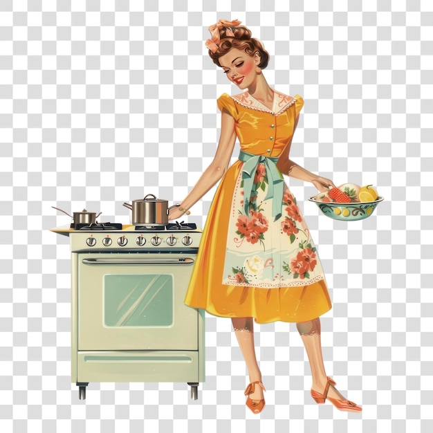 PSD png vintage housewife cooking illustration